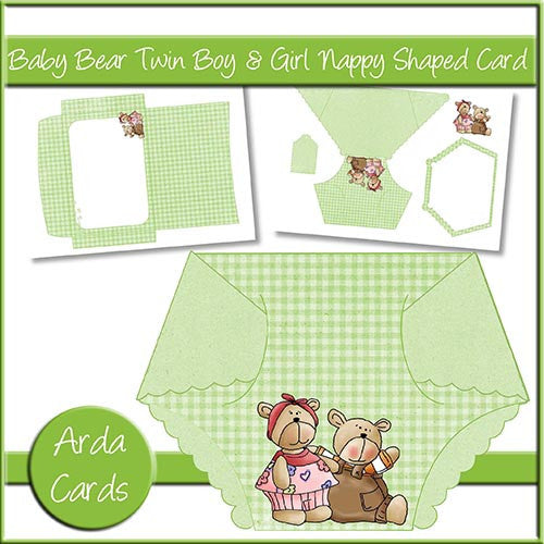 Baby Bear Twin Boy & Girl Nappy Shaped Card - The Printable Craft Shop