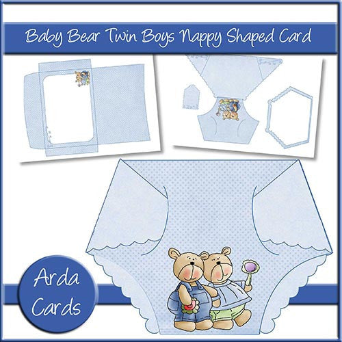 Baby Bear Twin Boys Nappy Shaped Card - The Printable Craft Shop