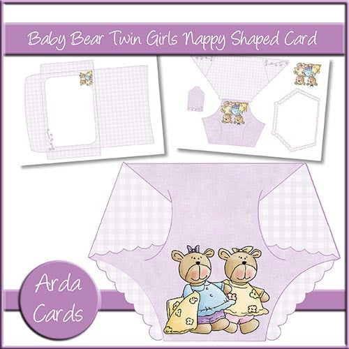 Baby Bear Twin Girls Nappy Shaped Card - The Printable Craft Shop