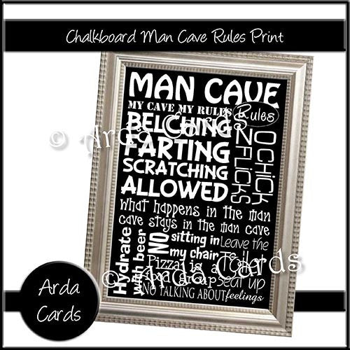 Chalkboard Style Man Cave Rules Word Art Print - The Printable Craft Shop