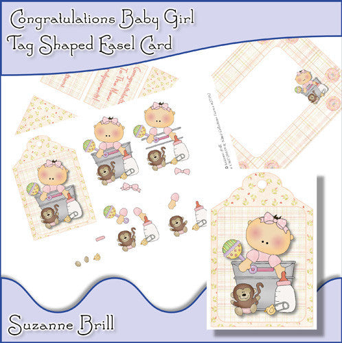Congratulations Baby Girl Tag Shaped Easel Card - The Printable Craft Shop