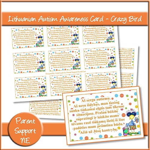 Crazy Bird Autism Awareness Cards In Lithuanian - The Printable Craft Shop