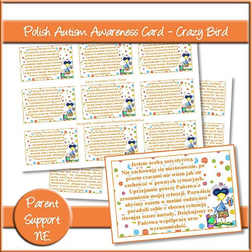 Crazy Bird Autism Awareness Cards In Polish - The Printable Craft Shop
