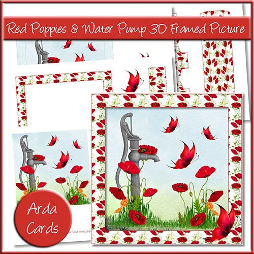 Red Poppies & Water Pump 3D Shadow Box Picture - The Printable Craft Shop
