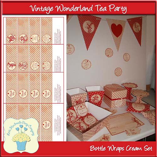 Vintage Wonderland Tea Party Small Bottle Wraps Cream Set - The Printable Craft Shop