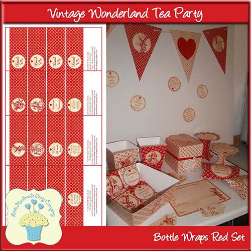Vintage Wonderland Tea Party Small Bottle Wraps Red Set - The Printable Craft Shop