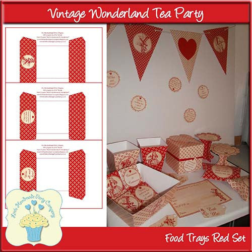 Vintage Wonderland Tea Party Food Trays Red - The Printable Craft Shop