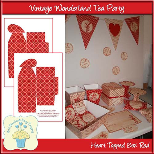 Vintage Wonderland Tea Party Heart Topped Box Red - The Printable Craft Shop